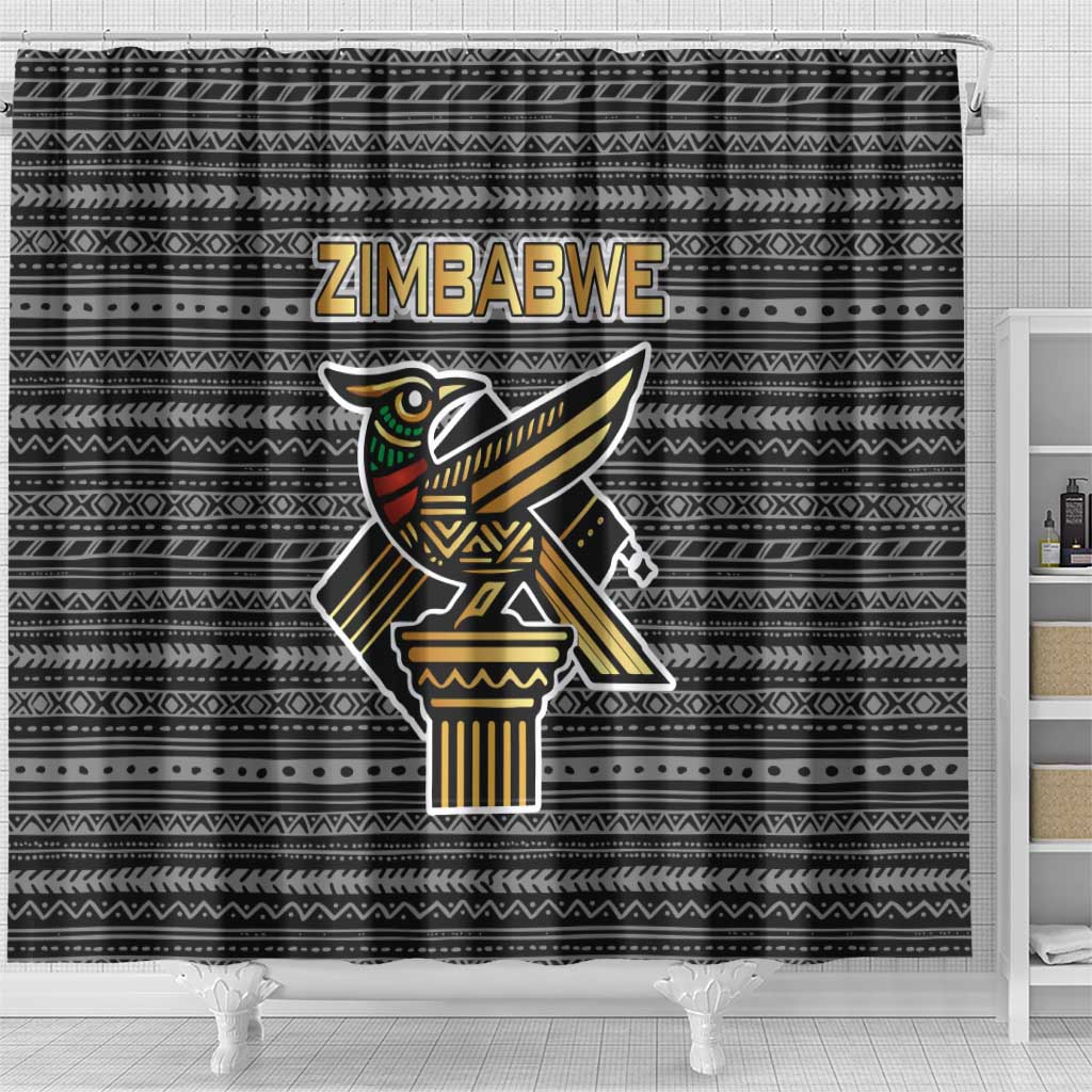 Zimbabwean Bird Statue Shower Curtain Tribal Pattern with National Flag Patch and Heritage Symbol