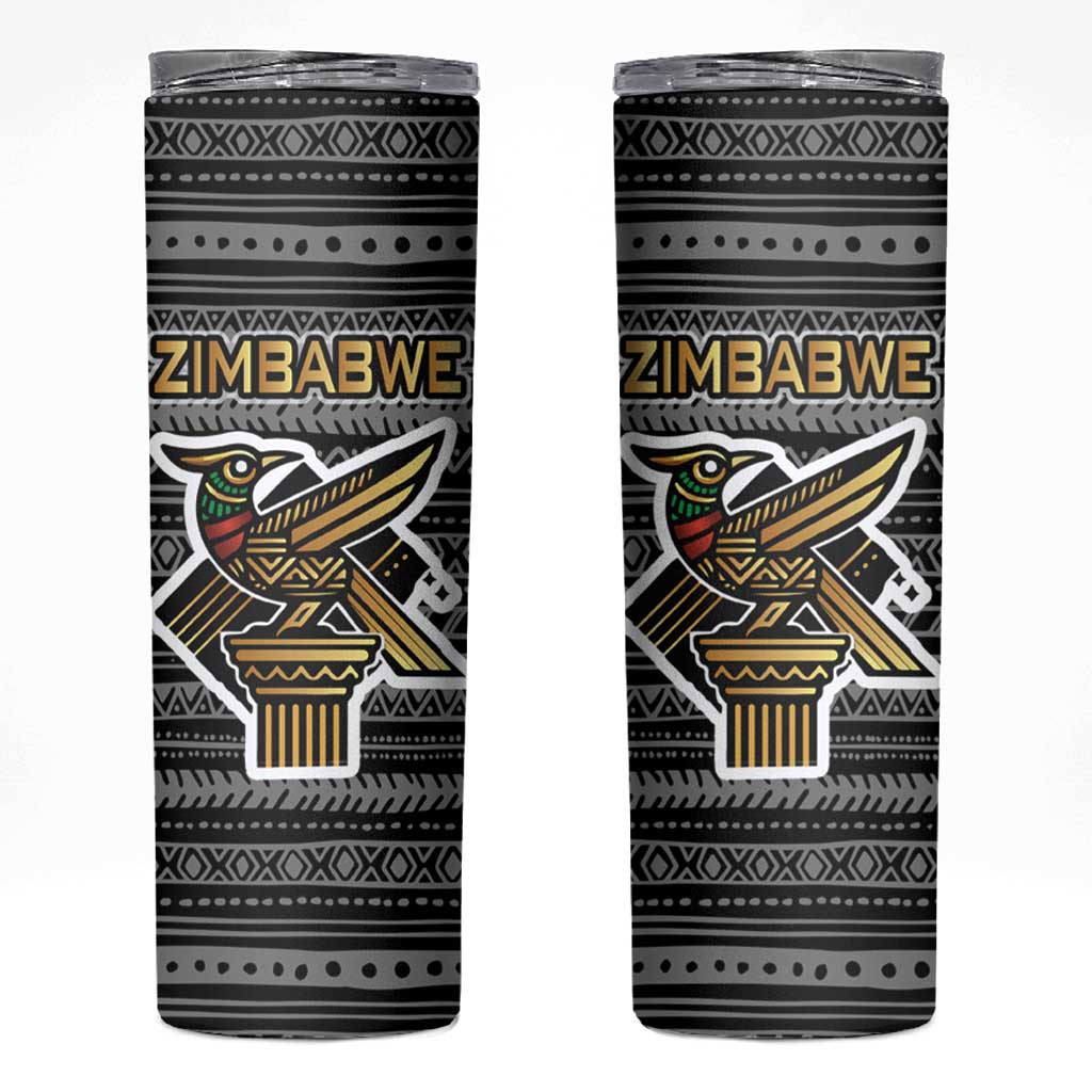 Zimbabwean Bird Statue Skinny Tumbler Tribal Pattern with National Flag Patch and Heritage Symbol