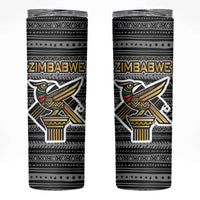 Zimbabwean Bird Statue Skinny Tumbler Tribal Pattern with National Flag Patch and Heritage Symbol