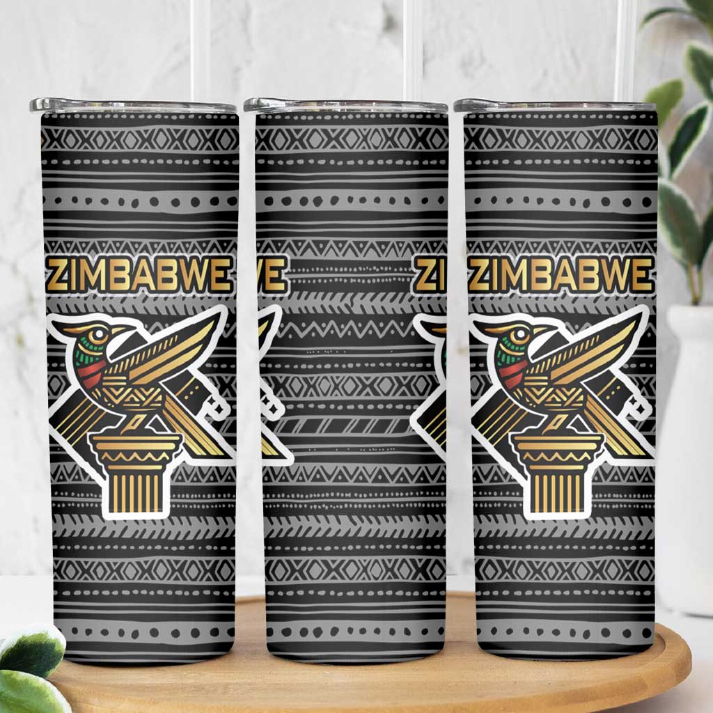 Zimbabwean Bird Statue Skinny Tumbler Tribal Pattern with National Flag Patch and Heritage Symbol