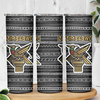 Zimbabwean Bird Statue Skinny Tumbler Tribal Pattern with National Flag Patch and Heritage Symbol