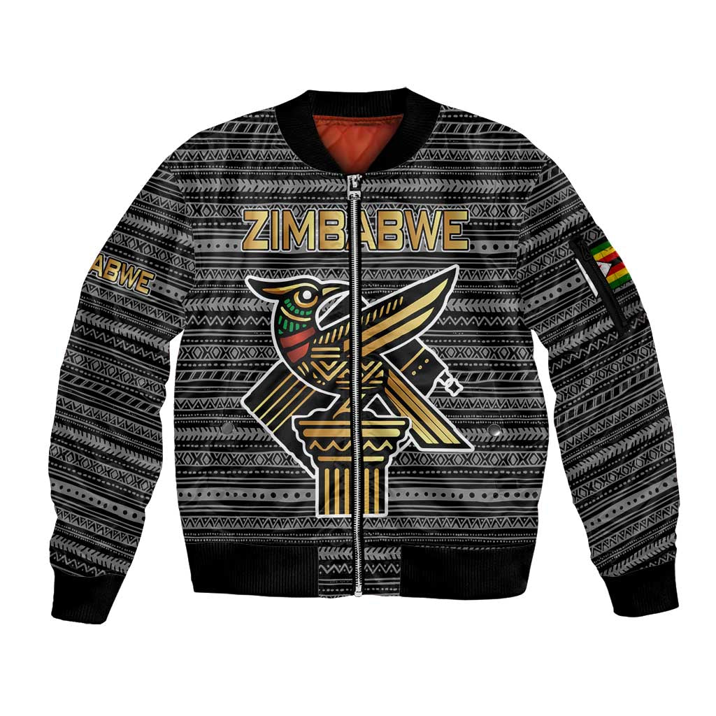 Zimbabwean Bird Statue Sleeve Zip Bomber Jacket Tribal Pattern with National Flag Patch and Heritage Symbol