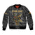 Zimbabwean Bird Statue Sleeve Zip Bomber Jacket Tribal Pattern with National Flag Patch and Heritage Symbol