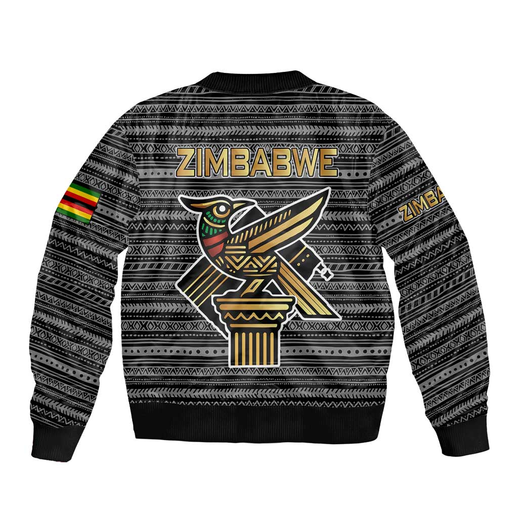Zimbabwean Bird Statue Sleeve Zip Bomber Jacket Tribal Pattern with National Flag Patch and Heritage Symbol