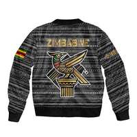 Zimbabwean Bird Statue Sleeve Zip Bomber Jacket Tribal Pattern with National Flag Patch and Heritage Symbol