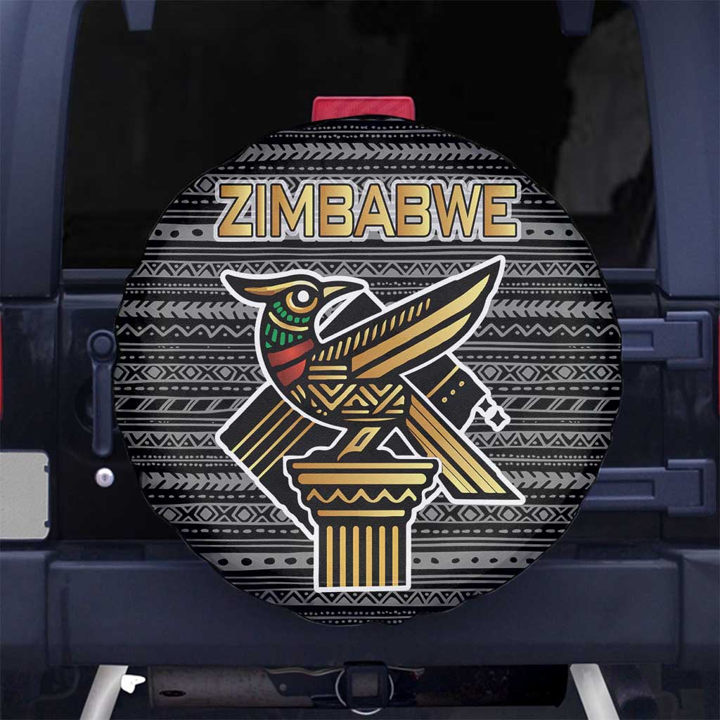 Zimbabwean Bird Statue Spare Tire Cover Tribal Pattern with National Flag Patch and Heritage Symbol