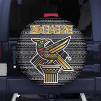 Zimbabwean Bird Statue Spare Tire Cover Tribal Pattern with National Flag Patch and Heritage Symbol