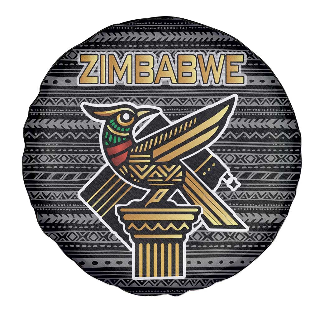 Zimbabwean Bird Statue Spare Tire Cover Tribal Pattern with National Flag Patch and Heritage Symbol