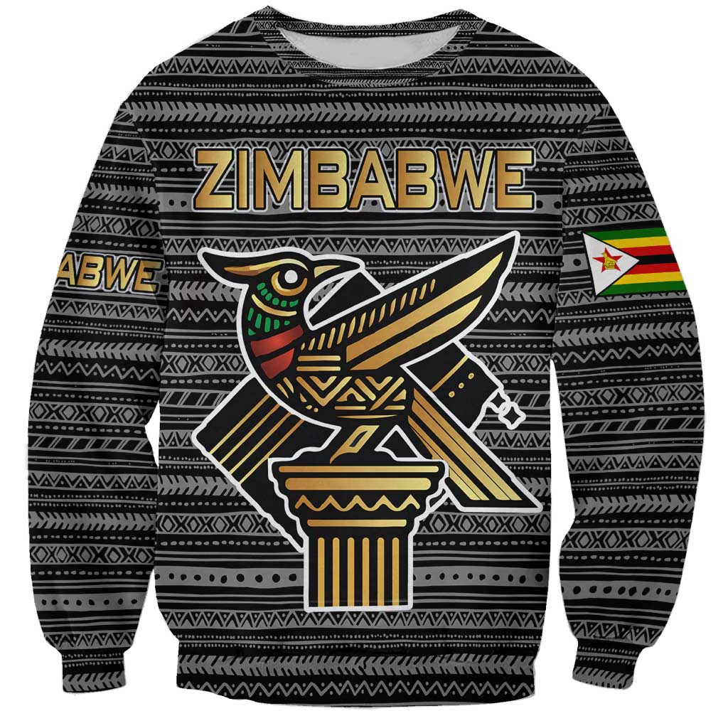 Zimbabwean Bird Statue Sweatshirt Tribal Pattern with National Flag Patch and Heritage Symbol