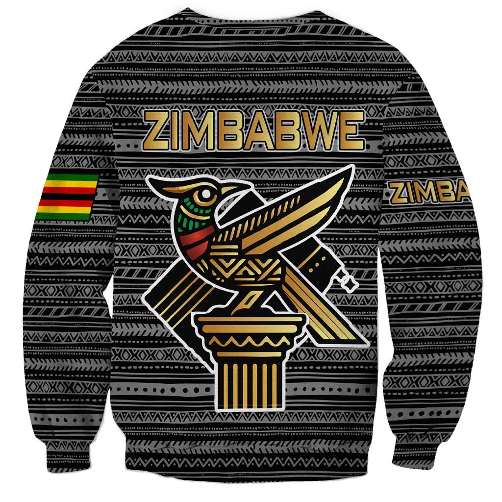 Zimbabwean Bird Statue Sweatshirt Tribal Pattern with National Flag Patch and Heritage Symbol