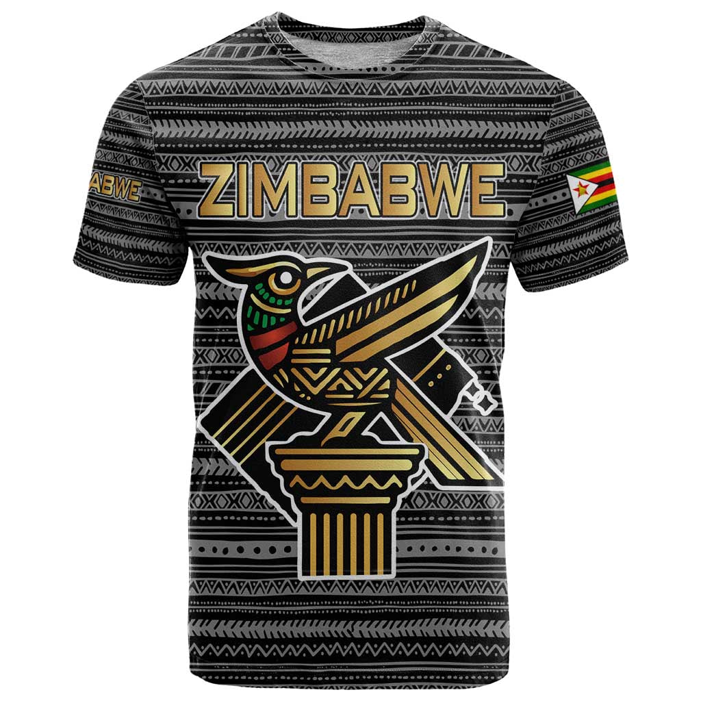Zimbabwean Bird Statue T Shirt Tribal Pattern with National Flag Patch and Heritage Symbol