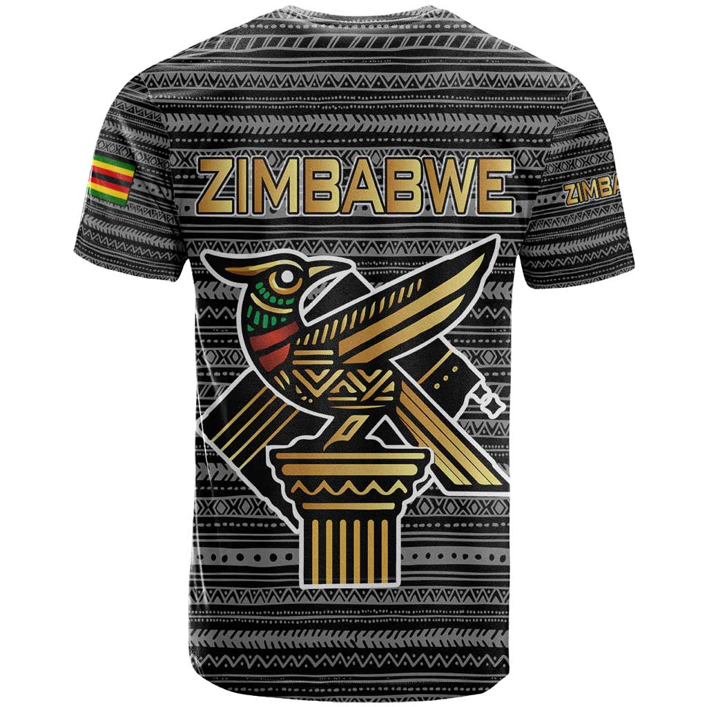 Zimbabwean Bird Statue T Shirt Tribal Pattern with National Flag Patch and Heritage Symbol