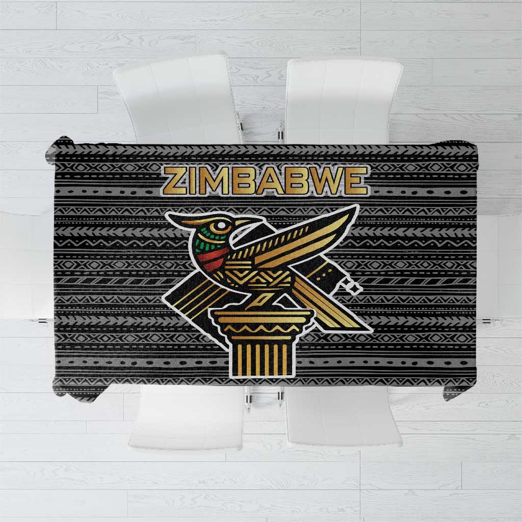 Zimbabwean Bird Statue Tablecloth Tribal Pattern with National Flag Patch and Heritage Symbol