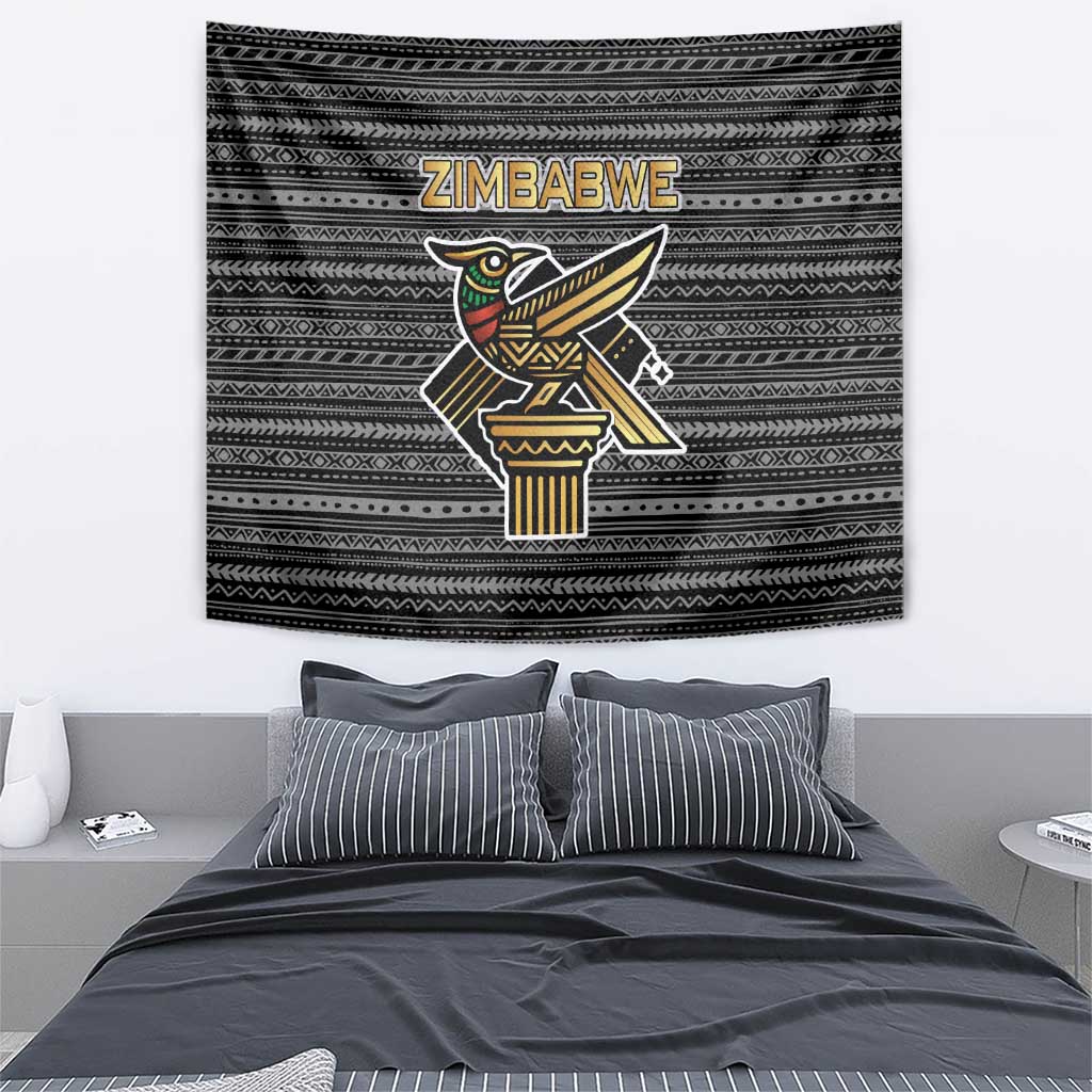 Zimbabwean Bird Statue Tapestry Tribal Pattern with National Flag Patch and Heritage Symbol