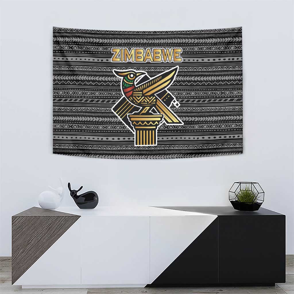 Zimbabwean Bird Statue Tapestry Tribal Pattern with National Flag Patch and Heritage Symbol