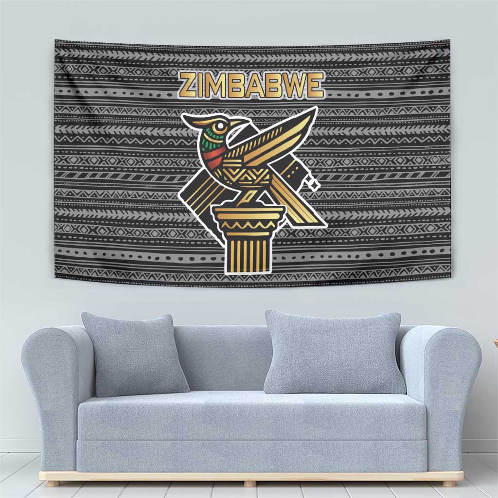 Zimbabwean Bird Statue Tapestry Tribal Pattern with National Flag Patch and Heritage Symbol