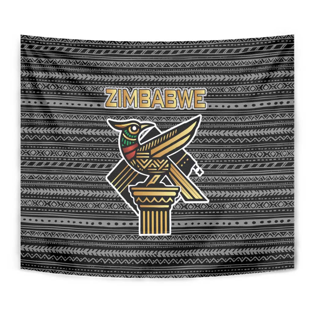Zimbabwean Bird Statue Tapestry Tribal Pattern with National Flag Patch and Heritage Symbol