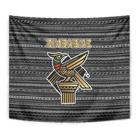 Zimbabwean Bird Statue Tapestry Tribal Pattern with National Flag Patch and Heritage Symbol