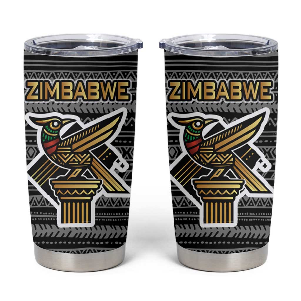 Zimbabwean Bird Statue Tumbler Cup Tribal Pattern with National Flag Patch and Heritage Symbol