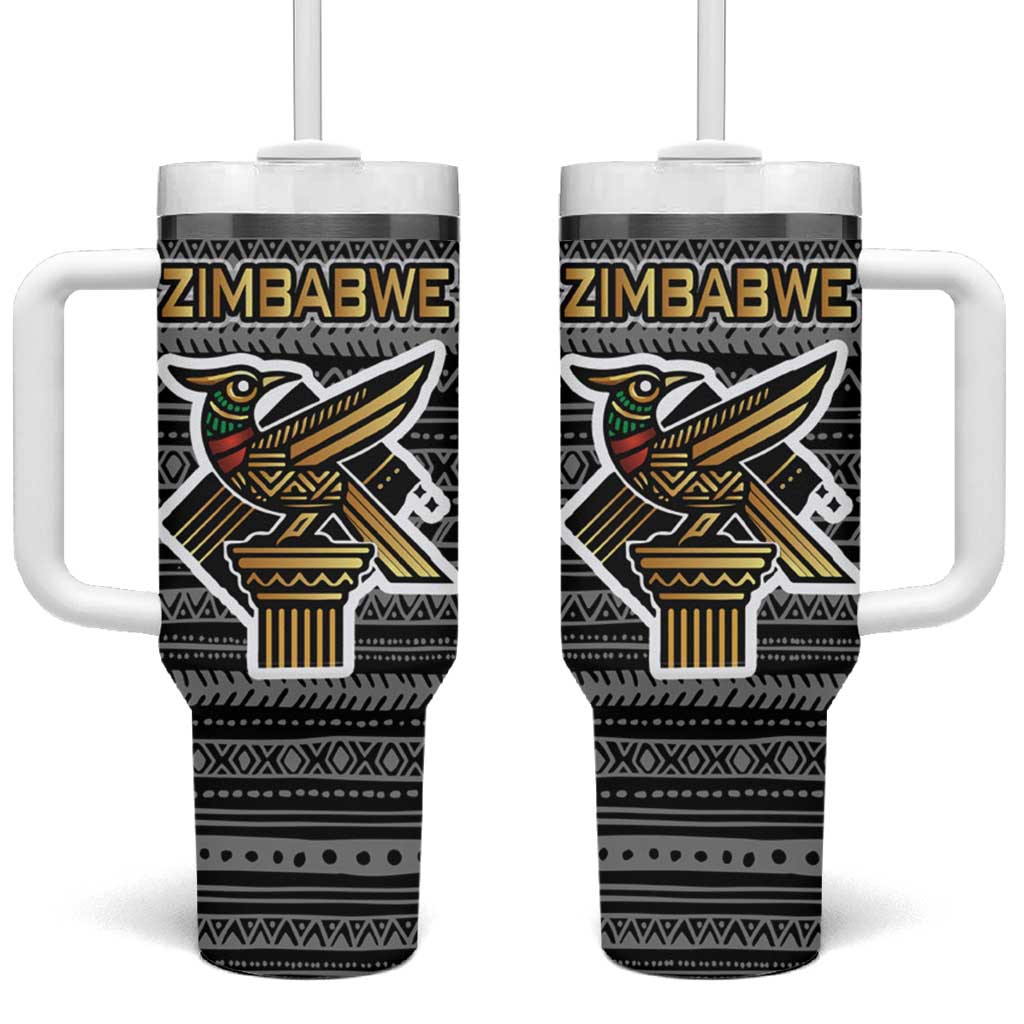 Zimbabwean Bird Statue Tumbler With Handle Tribal Pattern with National Flag Patch and Heritage Symbol