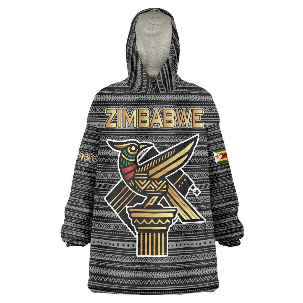 Zimbabwean Bird Statue Wearable Blanket Hoodie Tribal Pattern with National Flag Patch and Heritage Symbol