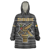 Zimbabwean Bird Statue Wearable Blanket Hoodie Tribal Pattern with National Flag Patch and Heritage Symbol