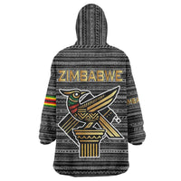 Zimbabwean Bird Statue Wearable Blanket Hoodie Tribal Pattern with National Flag Patch and Heritage Symbol