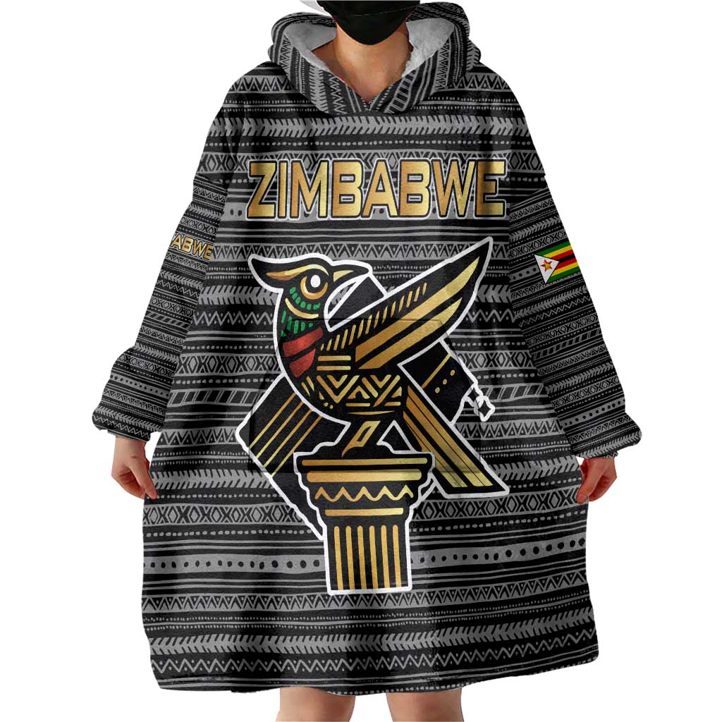 Zimbabwean Bird Statue Wearable Blanket Hoodie Tribal Pattern with National Flag Patch and Heritage Symbol