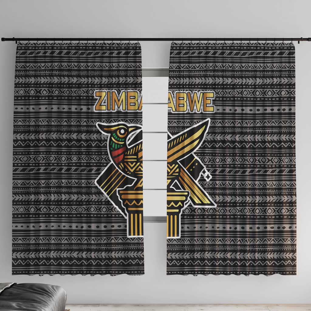 Zimbabwean Bird Statue Window Curtain Tribal Pattern with National Flag Patch and Heritage Symbol