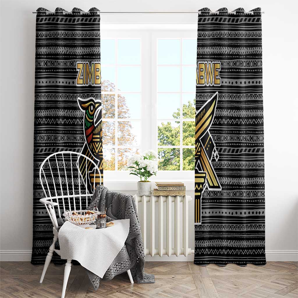 Zimbabwean Bird Statue Window Curtain Tribal Pattern with National Flag Patch and Heritage Symbol