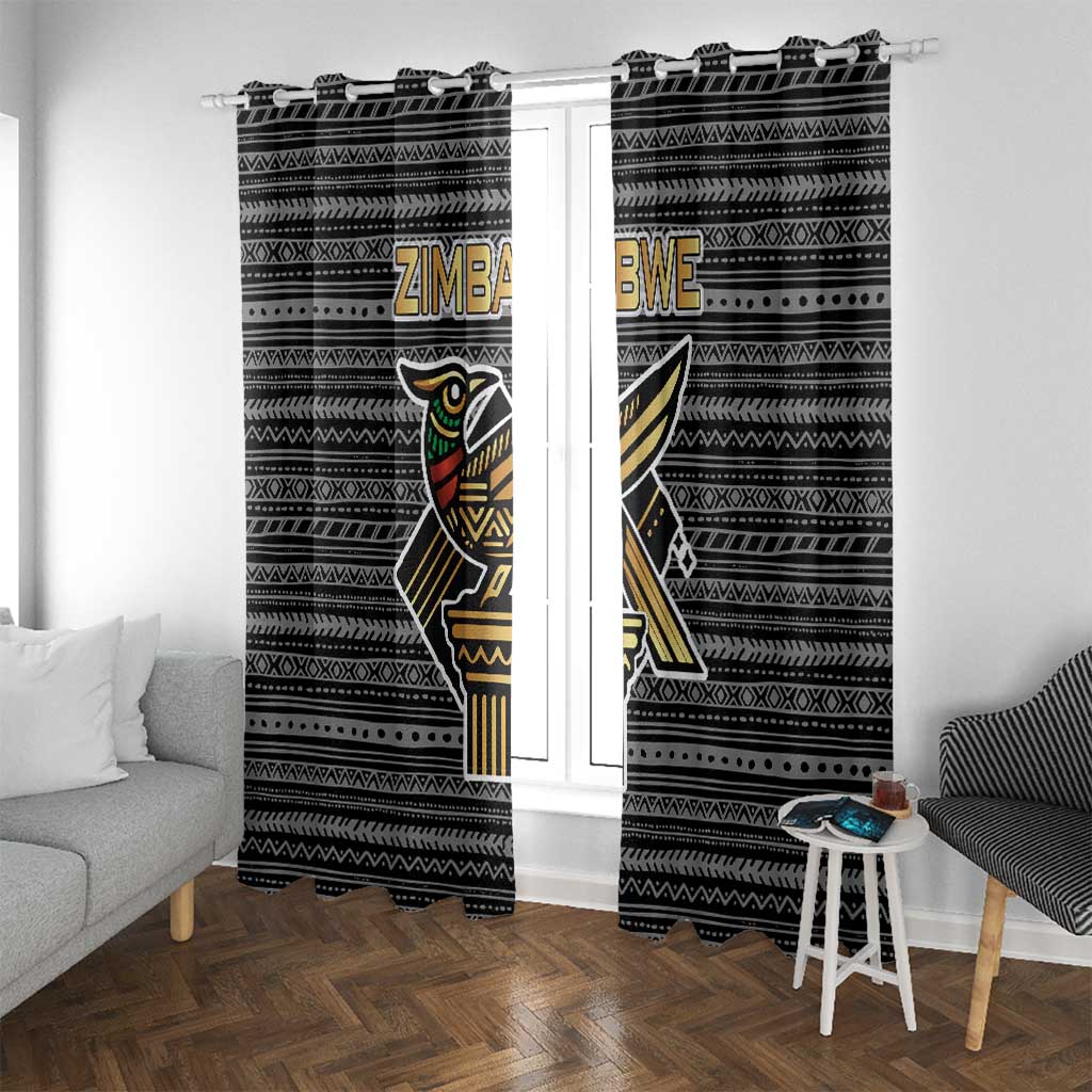 Zimbabwean Bird Statue Window Curtain Tribal Pattern with National Flag Patch and Heritage Symbol