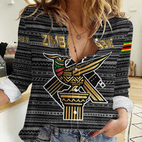 Zimbabwean Bird Statue Women Casual Shirt Tribal Pattern with National Flag Patch and Heritage Symbol