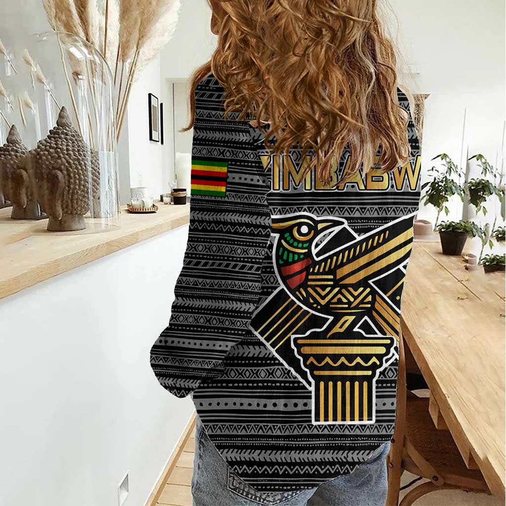 Zimbabwean Bird Statue Women Casual Shirt Tribal Pattern with National Flag Patch and Heritage Symbol