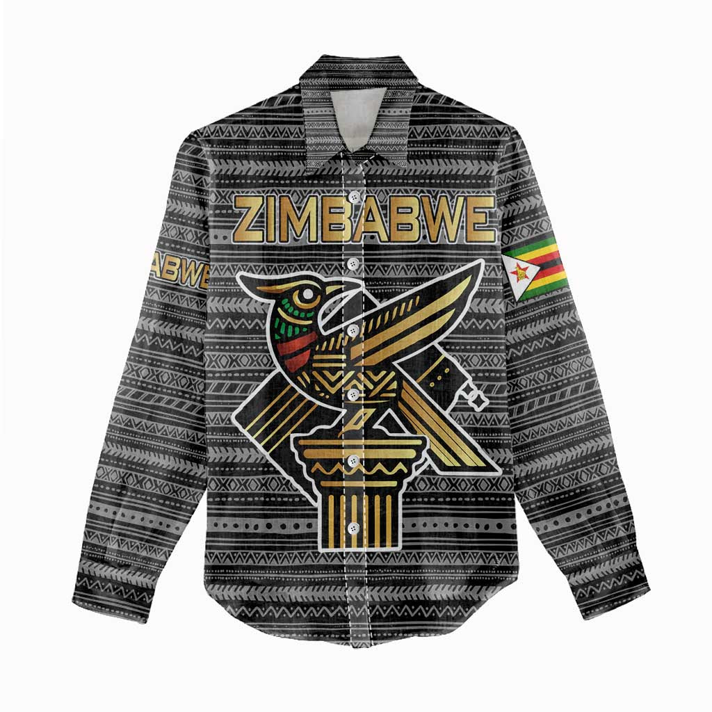 Zimbabwean Bird Statue Women Casual Shirt Tribal Pattern with National Flag Patch and Heritage Symbol