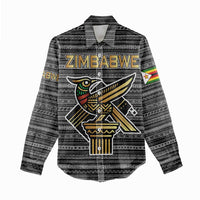 Zimbabwean Bird Statue Women Casual Shirt Tribal Pattern with National Flag Patch and Heritage Symbol
