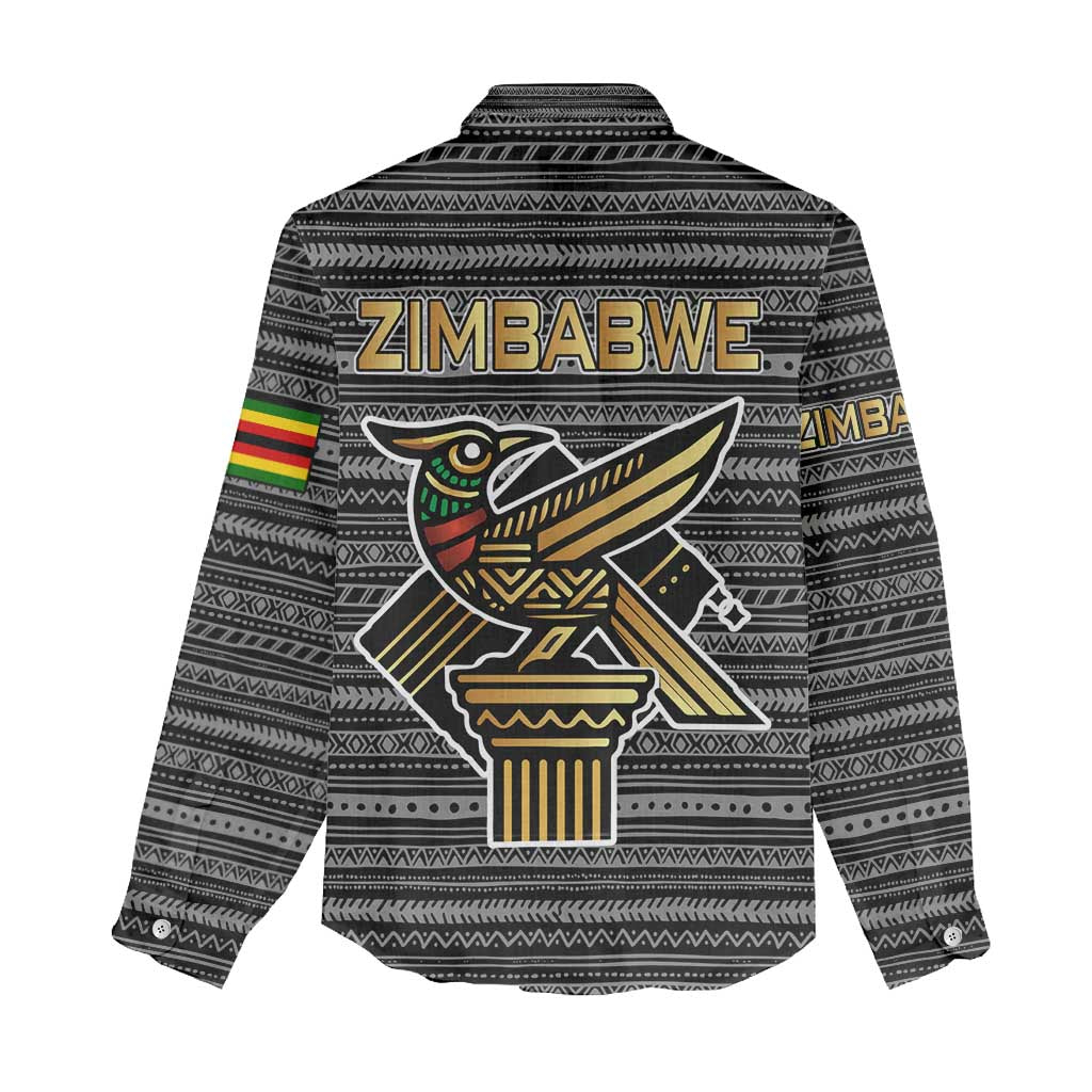 Zimbabwean Bird Statue Women Casual Shirt Tribal Pattern with National Flag Patch and Heritage Symbol