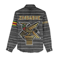 Zimbabwean Bird Statue Women Casual Shirt Tribal Pattern with National Flag Patch and Heritage Symbol