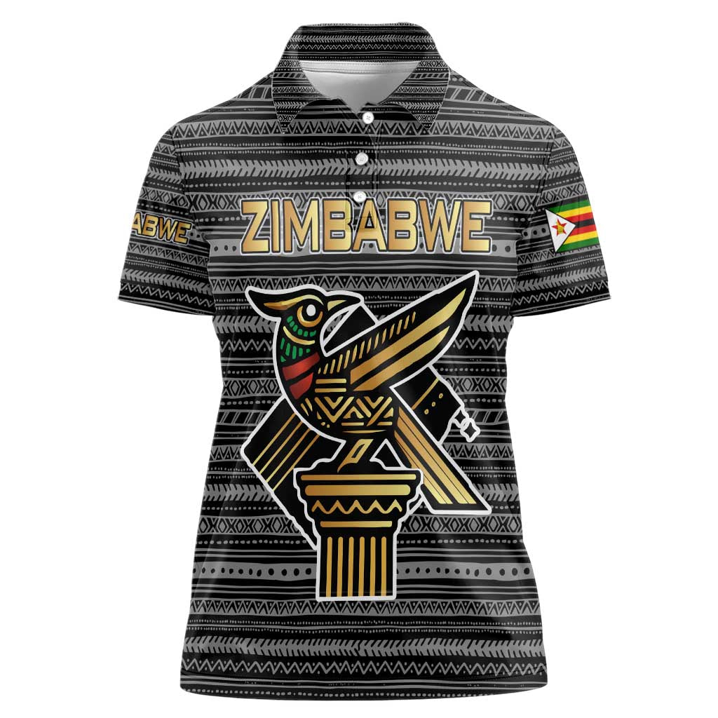 Zimbabwean Bird Statue Women Polo Shirt Tribal Pattern with National Flag Patch and Heritage Symbol