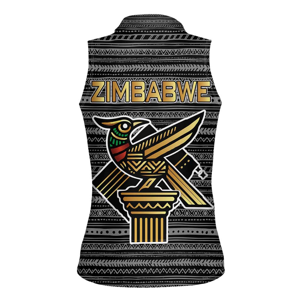 Zimbabwean Bird Statue Women Sleeveless Polo Shirt Tribal Pattern with National Flag Patch and Heritage Symbol