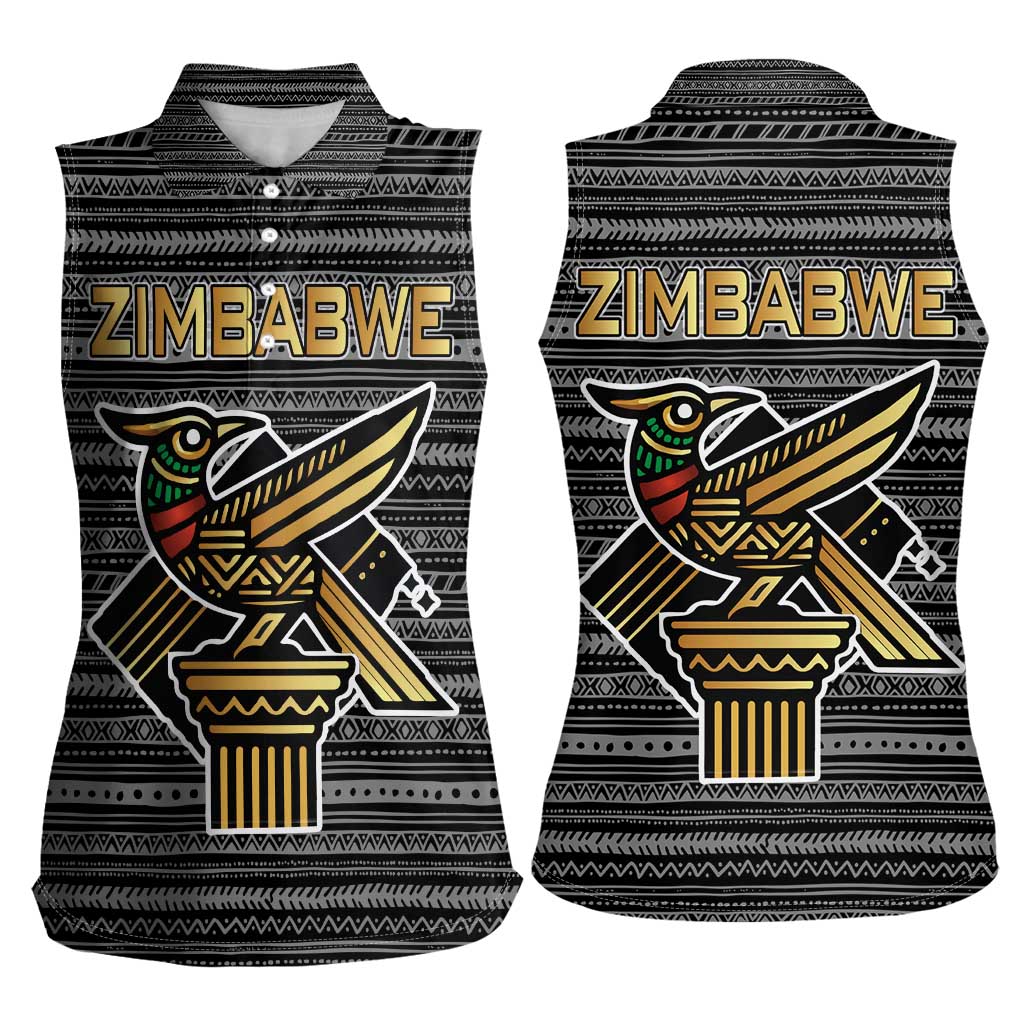 Zimbabwean Bird Statue Women Sleeveless Polo Shirt Tribal Pattern with National Flag Patch and Heritage Symbol