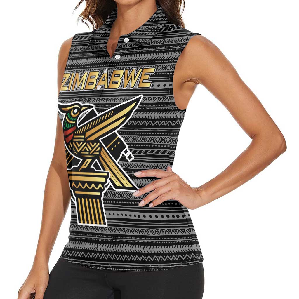 Zimbabwean Bird Statue Women Sleeveless Polo Shirt Tribal Pattern with National Flag Patch and Heritage Symbol