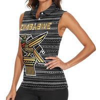 Zimbabwean Bird Statue Women Sleeveless Polo Shirt Tribal Pattern with National Flag Patch and Heritage Symbol