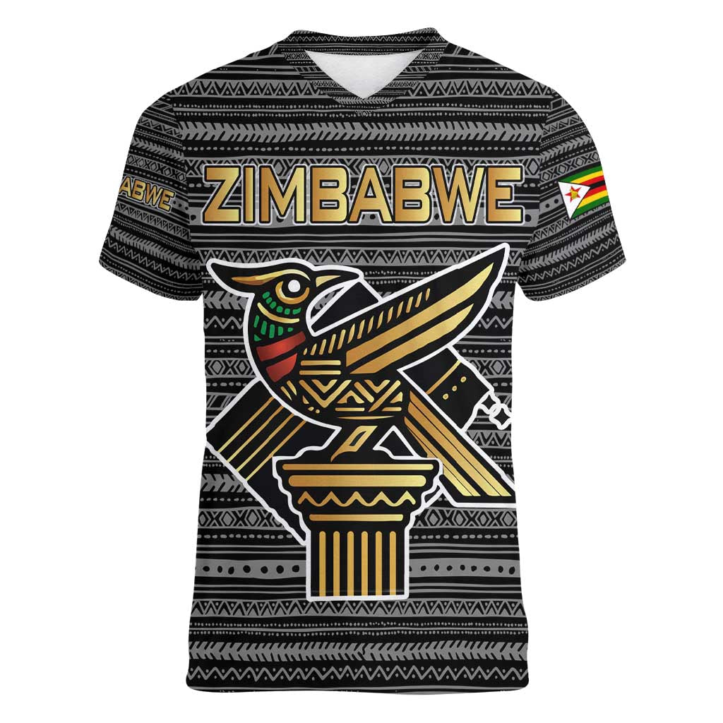 Zimbabwean Bird Statue Women V-Neck T-Shirt Tribal Pattern with National Flag Patch and Heritage Symbol