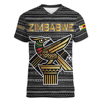 Zimbabwean Bird Statue Women V-Neck T-Shirt Tribal Pattern with National Flag Patch and Heritage Symbol