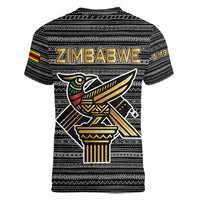 Zimbabwean Bird Statue Women V-Neck T-Shirt Tribal Pattern with National Flag Patch and Heritage Symbol