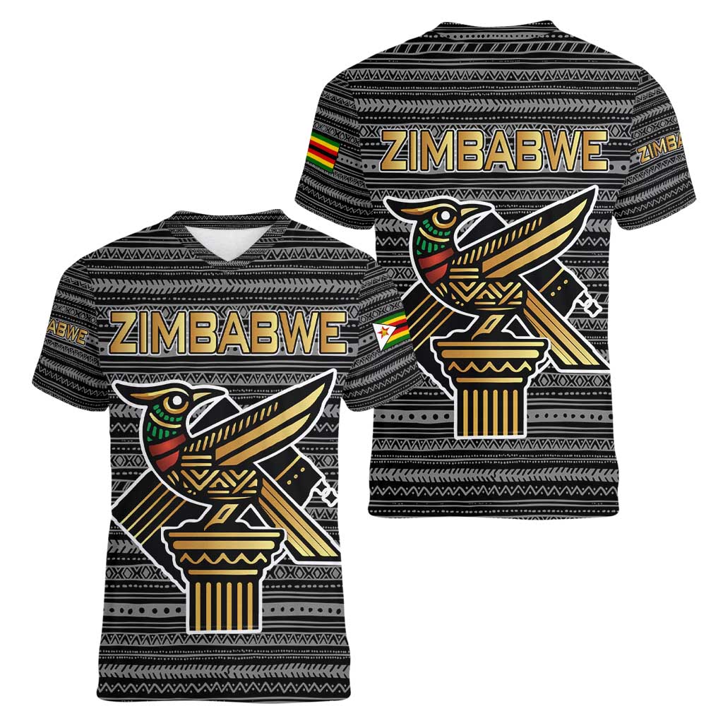 Zimbabwean Bird Statue Women V-Neck T-Shirt Tribal Pattern with National Flag Patch and Heritage Symbol