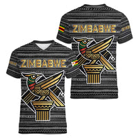 Zimbabwean Bird Statue Women V-Neck T-Shirt Tribal Pattern with National Flag Patch and Heritage Symbol