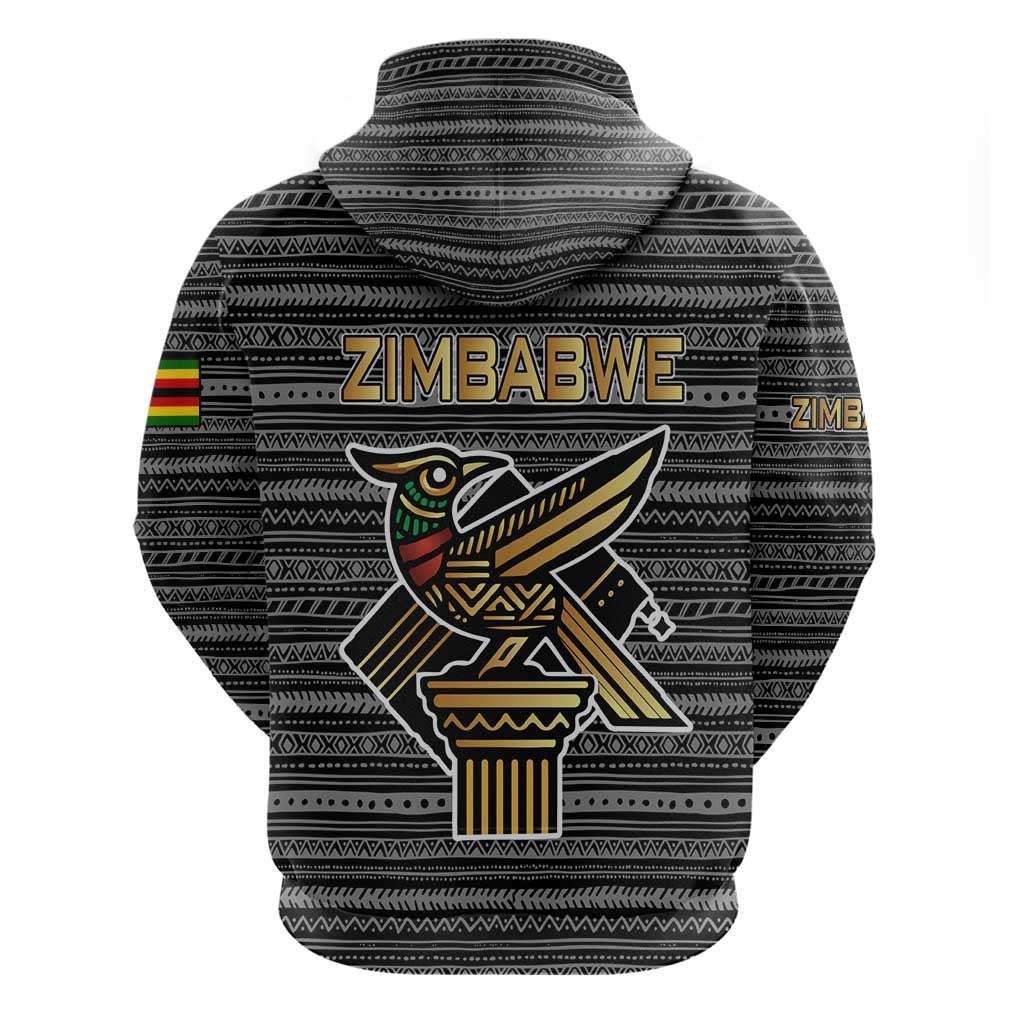 Zimbabwean Bird Statue Zip Hoodie Tribal Pattern with National Flag Patch and Heritage Symbol