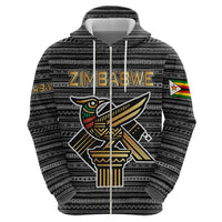 Zimbabwean Bird Statue Zip Hoodie Tribal Pattern with National Flag Patch and Heritage Symbol