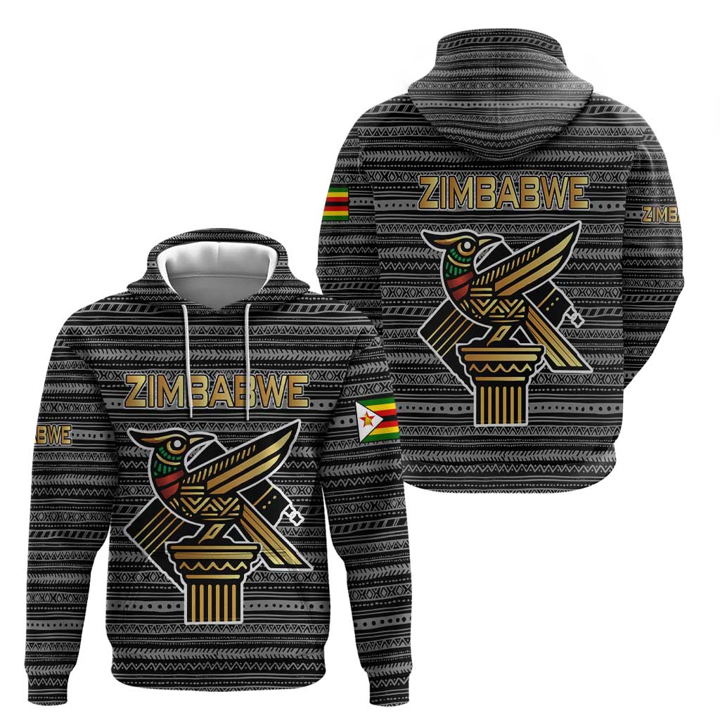 Zimbabwean Bird Statue Zip Hoodie Tribal Pattern with National Flag Patch and Heritage Symbol